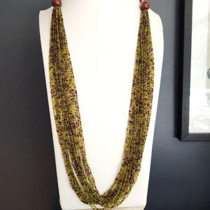 Long multi strand lime and purple seed bead necklace with wood and shell accents